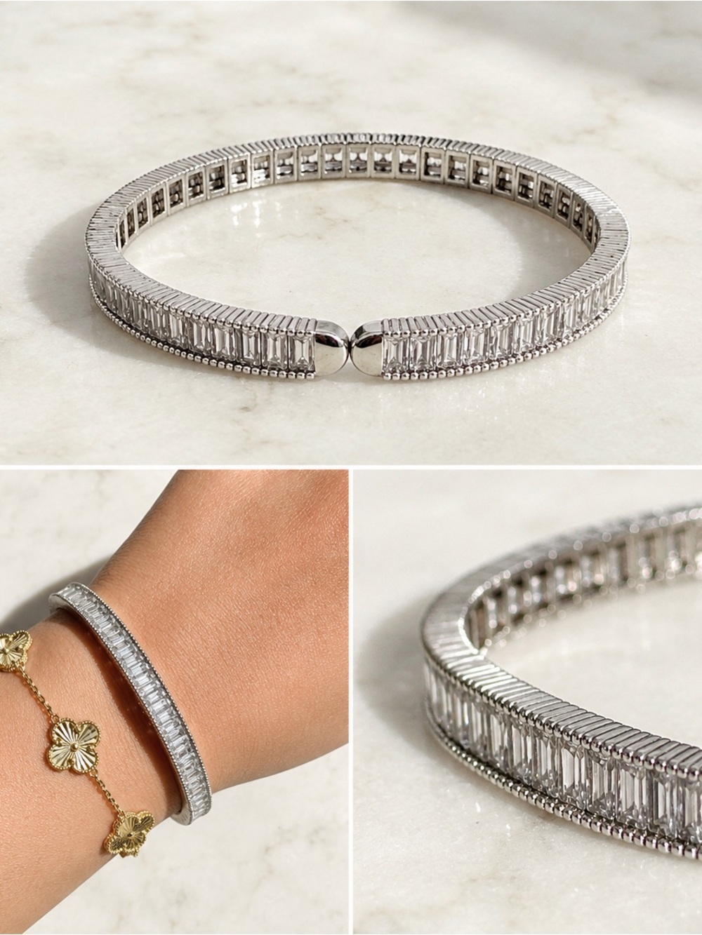 Macy's Silver-Tone Baguette Crystal Hinged Bangle Bracelet